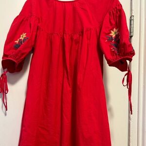 Antik Batik red babydoll dress with puff sleeves